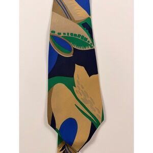Gianni Versace Vintage Silk Tie Abstract Botanical Blue Green Tan Made in Italy